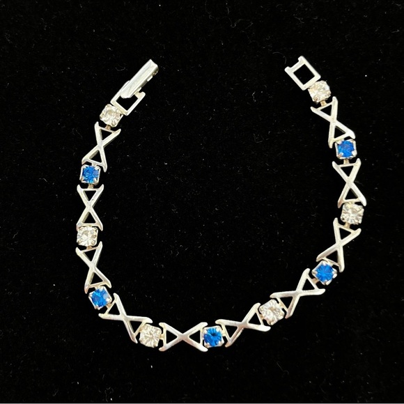 " X & O" Bracelet 925 Sterling Silver w/blue & clear rhinestones 6.75” - Picture 6 of 7